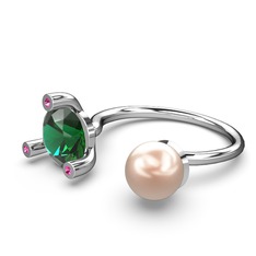 İncili Tektaş Yüzük - Pembe inci, yeşil kuvars ve rodolit garnet 14 ayar beyaz altın yüzük #whtqka