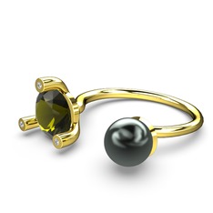 İncili Tektaş Yüzük - Siyah inci, peridot ve swarovski 14 ayar altın yüzük #wsvr7x
