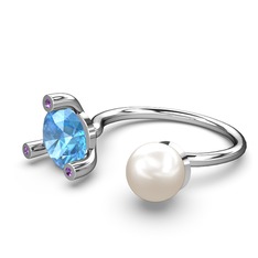 İncili Tektaş Yüzük - Inci, akuamarin ve ametist 14 ayar beyaz altın yüzük #xhjbgi