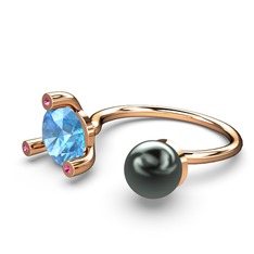 İncili Tektaş Yüzük - Siyah inci, akuamarin ve rodolit garnet 14 ayar rose altın yüzük #xnantn