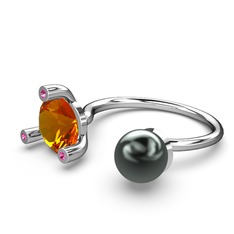 İncili Tektaş Yüzük - Siyah inci, sitrin ve rodolit garnet 8 ayar beyaz altın yüzük #y3l5ok