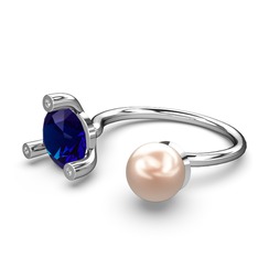İncili Tektaş Yüzük - Pembe inci, lab safir ve pırlanta 8 ayar beyaz altın yüzük (0.024 karat) #yscpbr