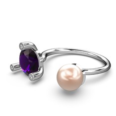 İncili Tektaş Yüzük - Pembe inci, ametist ve swarovski 18 ayar beyaz altın yüzük #ysvfmz