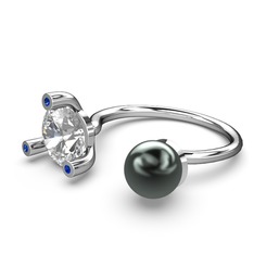 İncili Tektaş Yüzük - Siyah inci, swarovski ve lab safir 8 ayar beyaz altın yüzük #zlyvat