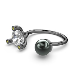 İncili Tektaş Yüzük - Siyah inci, swarovski ve peridot 925 ayar siyah rodyum kaplama gümüş yüzük #zzc8sn