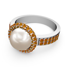 Sitrin ve inci 18 ayar beyaz altın yüzük