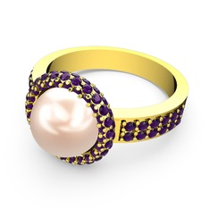 Ametist ve pembe inci 925 ayar altın kaplama gümüş yüzük