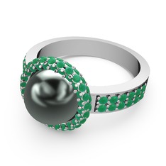 Mina İnci Yüzük - Kök zümrüt ve siyah inci 18 ayar beyaz altın yüzük #1421tdz