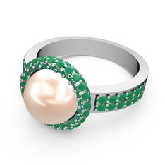 Mina İnci Yüzük - Kök zümrüt ve pembe inci 14 ayar beyaz altın yüzük #14rthzn