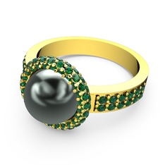 Mina İnci Yüzük - Yeşil kuvars ve siyah inci 14 ayar altın yüzük #1ayt17p