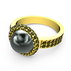 Mina İnci Yüzük - Peridot ve siyah inci 925 ayar altın kaplama gümüş yüzük #1f66ypd