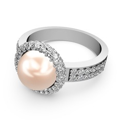 Mina İnci Yüzük - Swarovski ve pembe inci 8 ayar beyaz altın yüzük #1fxhpuh