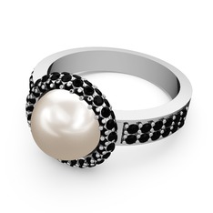 Mina İnci Yüzük - Siyah zirkon ve inci 18 ayar beyaz altın yüzük #1hy6xlz