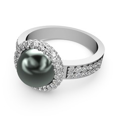 Swarovski ve siyah inci 8 ayar beyaz altın yüzük