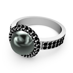 Mina İnci Yüzük - Siyah zirkon ve siyah inci 925 ayar gümüş yüzük #24zv1l