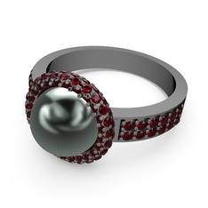 Mina İnci Yüzük - Garnet ve siyah inci 925 ayar siyah rodyum kaplama gümüş yüzük #820vwb