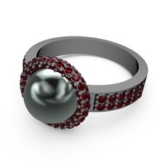 Garnet ve siyah inci 925 ayar siyah rodyum kaplama gümüş yüzük