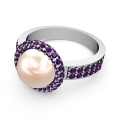 Mina İnci Yüzük - Ametist ve pembe inci 18 ayar beyaz altın yüzük #p4qkbj