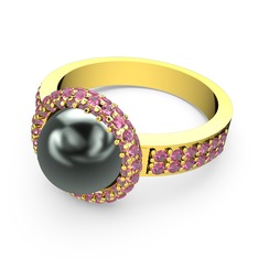 Mina İnci Yüzük - Pembe kuvars ve siyah inci 8 ayar altın yüzük #q4ece4