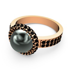 Mina İnci Yüzük - Siyah zirkon ve siyah inci 8 ayar rose altın yüzük #u330b3