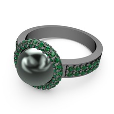 Mina İnci Yüzük - Yeşil kuvars ve siyah inci 925 ayar siyah rodyum kaplama gümüş yüzük #z82ofd