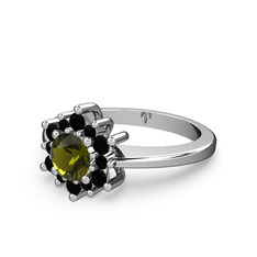 Floral Çiçek Yüzük - Siyah zirkon ve peridot 8 ayar beyaz altın yüzük #11g108q