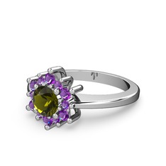 Floral Çiçek Yüzük - Ametist ve peridot 14 ayar beyaz altın yüzük #13qkq4u