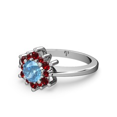 Floral Çiçek Yüzük - Garnet ve akuamarin 14 ayar beyaz altın yüzük #1541dqt