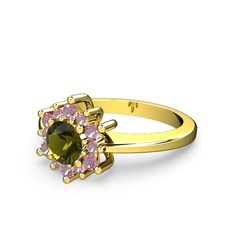 Floral Çiçek Yüzük - Pembe kuvars ve peridot 14 ayar altın yüzük #15slyho