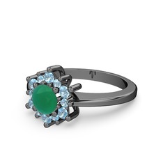 Floral Çiçek Yüzük - Akuamarin ve kök zümrüt 925 ayar siyah rodyum kaplama gümüş yüzük #15x3ien