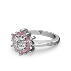 Pembe kuvars ve beyaz zirkon 8 ayar beyaz altın yüzük