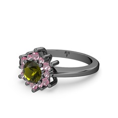 Floral Çiçek Yüzük - Pembe kuvars ve peridot 925 ayar siyah rodyum kaplama gümüş yüzük #1854vlj