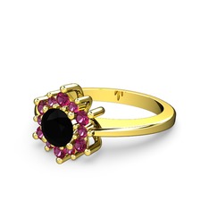 Floral Çiçek Yüzük - Rodolit garnet ve siyah zirkon 14 ayar altın yüzük #18eqssi
