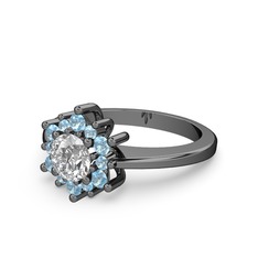 Floral Çiçek Yüzük - Akuamarin ve pırlanta 925 ayar siyah rodyum kaplama gümüş yüzük (0.5 karat) #1cc8ef1