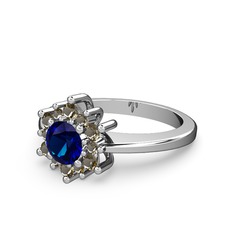 Dumanlı kuvars ve lab safir 14 ayar beyaz altın yüzük