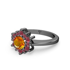 Floral Çiçek Yüzük - Kök yakut ve sitrin 925 ayar siyah rodyum kaplama gümüş yüzük #1db1n3z