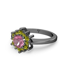 Floral Çiçek Yüzük - Peridot ve pembe kuvars 925 ayar siyah rodyum kaplama gümüş yüzük #1dsmdru