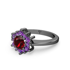 Floral Çiçek Yüzük - Ametist ve garnet 925 ayar siyah rodyum kaplama gümüş yüzük #1e2u5nb