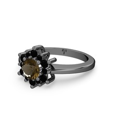 Floral Çiçek Yüzük - Siyah zirkon ve dumanlı kuvars 925 ayar siyah rodyum kaplama gümüş yüzük #1ewrbkh