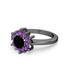Floral Çiçek Yüzük - Ametist ve siyah zirkon 925 ayar siyah rodyum kaplama gümüş yüzük #1fl9qat