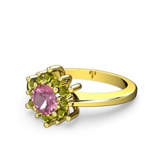 Floral Çiçek Yüzük - Peridot ve pembe kuvars 14 ayar altın yüzük #1ftf2fl
