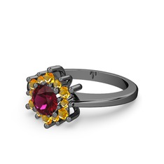Floral Çiçek Yüzük - Sitrin ve rodolit garnet 925 ayar siyah rodyum kaplama gümüş yüzük #1h3zy8c