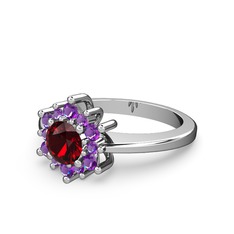 Floral Çiçek Yüzük - Ametist ve garnet 14 ayar beyaz altın yüzük #1k9qze2