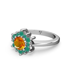 Floral Çiçek Yüzük - Kök zümrüt ve sitrin 8 ayar beyaz altın yüzük #1llxgya