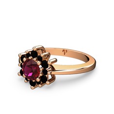 Floral Çiçek Yüzük - Siyah zirkon ve rodolit garnet 8 ayar rose altın yüzük #1ncn1ge