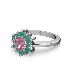 Floral Çiçek Yüzük - Kök zümrüt ve pembe kuvars 18 ayar beyaz altın yüzük #1ph3je6