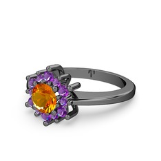 Floral Çiçek Yüzük - Ametist ve sitrin 925 ayar siyah rodyum kaplama gümüş yüzük #1qezslm
