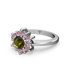 Floral Çiçek Yüzük - Pembe kuvars ve peridot 14 ayar beyaz altın yüzük #1qlysei