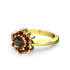 Floral Çiçek Yüzük - Garnet ve dumanlı kuvars 18 ayar altın yüzük #1rmrmbd