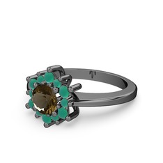 Floral Çiçek Yüzük - Kök zümrüt ve dumanlı kuvars 925 ayar siyah rodyum kaplama gümüş yüzük #1uei6gw